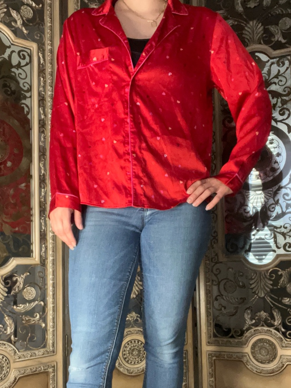 stars above Red Satin Button-Down Blouse